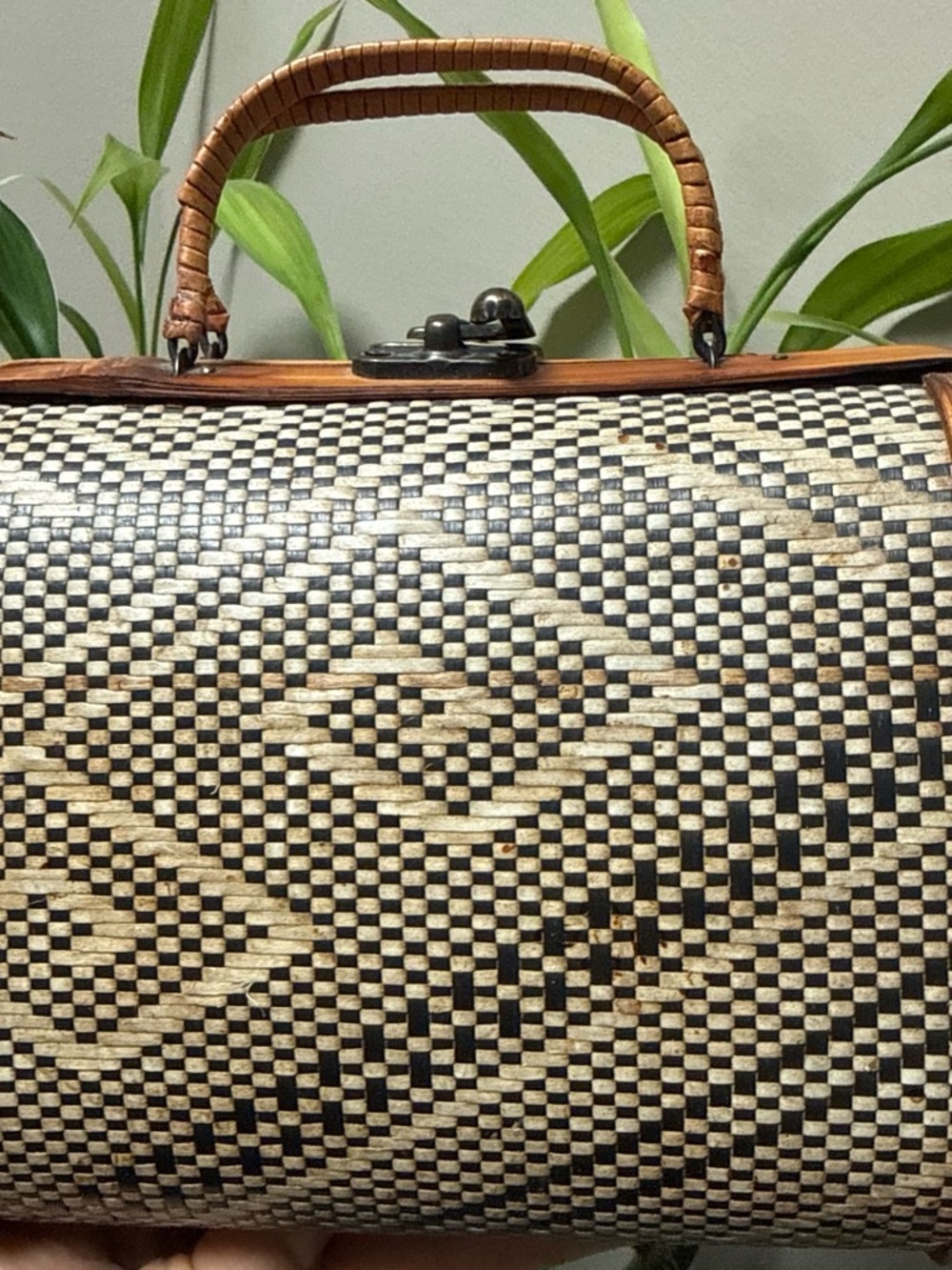 Woven Black & Cream Handheld Bag - Classic Boho Style
